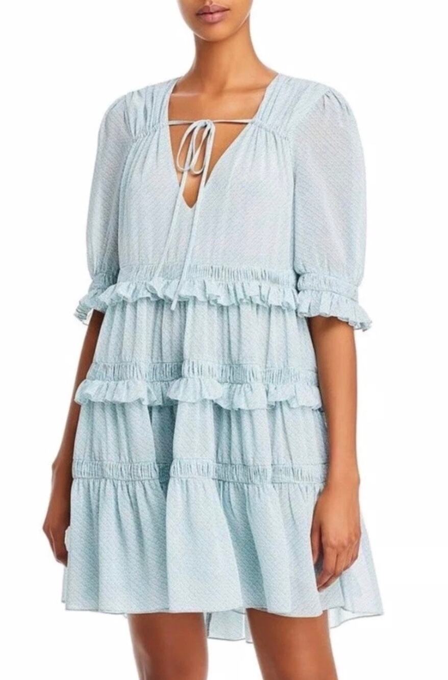 Cinq à Sept Mini Dress Cryssa Light Blue V-neckline Tiered Skirt size Small